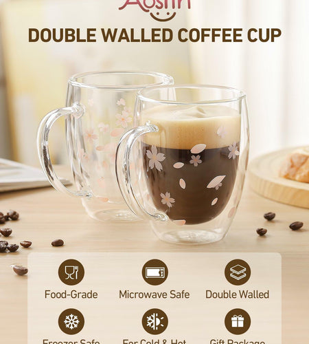 Double Walled Glass Coffee Mug Dolphins 9oz Clear Insulated Cup