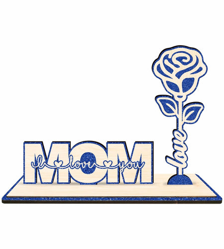 Nuckxy Wooden Rose with Stand Mom I Love You Decor Blue Desktop Ornament