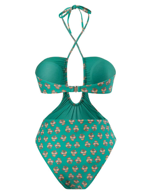 Load image into Gallery viewer, Hawaiian One Piece Swimsuit &amp; Cover Up Wrap Skirt Set Halter Green Size L
