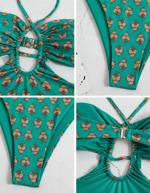 Load image into Gallery viewer, Hawaiian One Piece Swimsuit &amp; Cover Up Wrap Skirt Set Halter Green Size L
