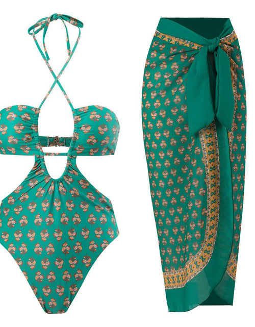 Load image into Gallery viewer, Hawaiian One Piece Swimsuit &amp; Cover Up Wrap Skirt Set Halter Green Size L
