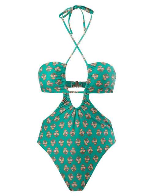 Load image into Gallery viewer, Hawaiian One Piece Swimsuit &amp; Cover Up Wrap Skirt Set Halter Green Size L
