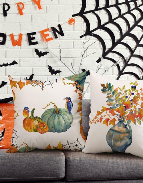 Load image into Gallery viewer, Fall Pumpkin Maple Leaf Pillow Covers 18x18 Set of 4 Autumn Thanksgiving
