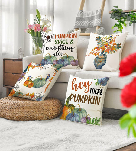 Fall Pumpkin Maple Leaf Pillow Covers 18x18 Set of 4 Autumn Thanksgiving