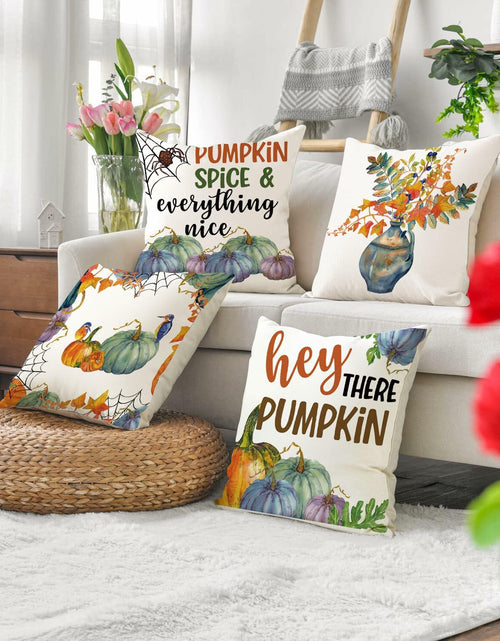 Load image into Gallery viewer, Fall Pumpkin Maple Leaf Pillow Covers 18x18 Set of 4 Autumn Thanksgiving
