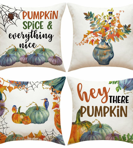 Fall Pumpkin Maple Leaf Pillow Covers 18x18 Set of 4 Autumn Thanksgiving