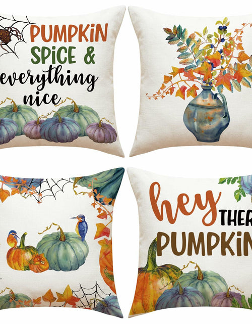 Load image into Gallery viewer, Fall Pumpkin Maple Leaf Pillow Covers 18x18 Set of 4 Autumn Thanksgiving
