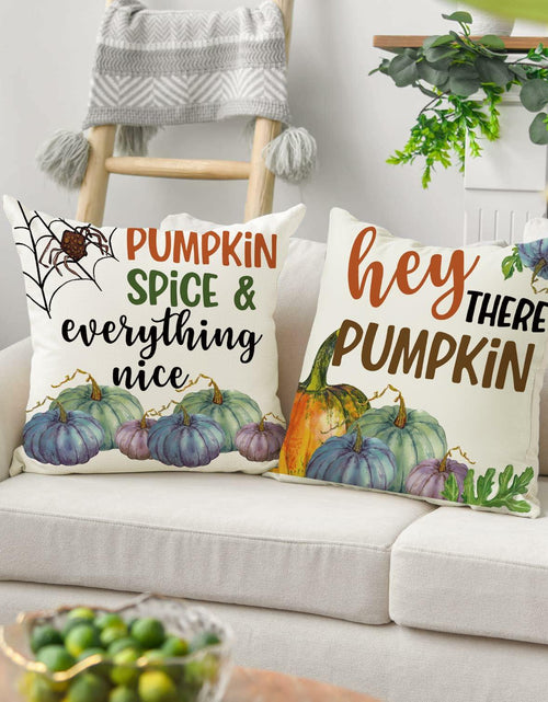 Load image into Gallery viewer, Fall Pumpkin Maple Leaf Pillow Covers 18x18 Set of 4 Autumn Thanksgiving

