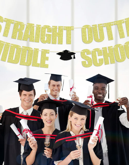Load image into Gallery viewer, Straight Outta Middle School Banner Glittery Congrats Grad Gold Black
