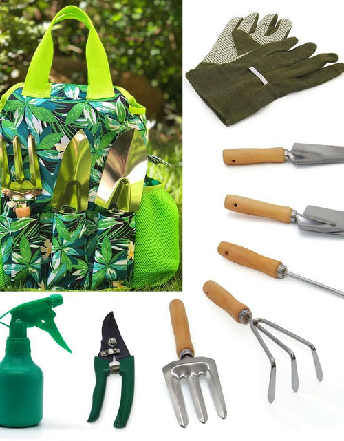 Load image into Gallery viewer, 9-Piece Garden Tools Set with Gloves and Colorful Tote - Gardening Kit
