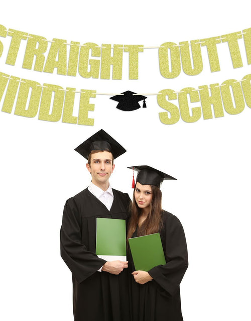 Load image into Gallery viewer, Straight Outta Middle School Banner Glittery Congrats Grad Gold Black
