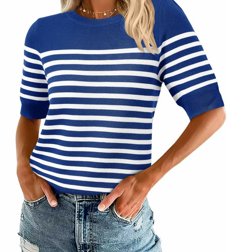 Amkoyam Women's Striped Ribbed Knit Pullover Sweater Top Dark Blue Size Small