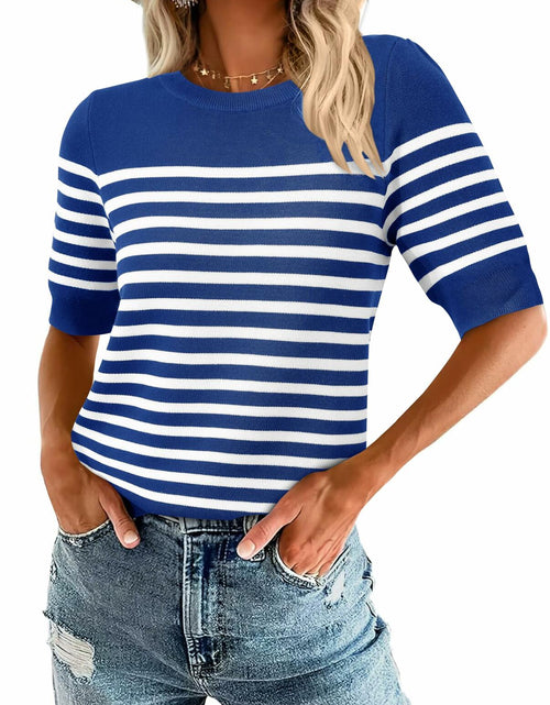 Load image into Gallery viewer, Amkoyam Women's Striped Ribbed Knit Pullover Sweater Top Dark Blue Size Small
