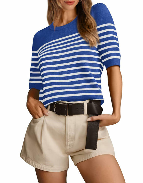 Load image into Gallery viewer, Amkoyam Women's Striped Ribbed Knit Pullover Sweater Top Dark Blue Size Small
