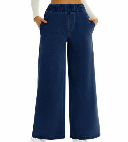 FireSwan Women's Wide Leg Jeans Mid Rise Elastic Waist Dark Wash