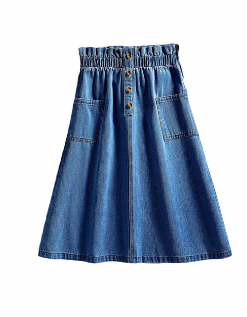 Load image into Gallery viewer, COZYEASE Girls Paperbag High Waist A Line Denim Skirt Dark Wash Size 11-12Y
