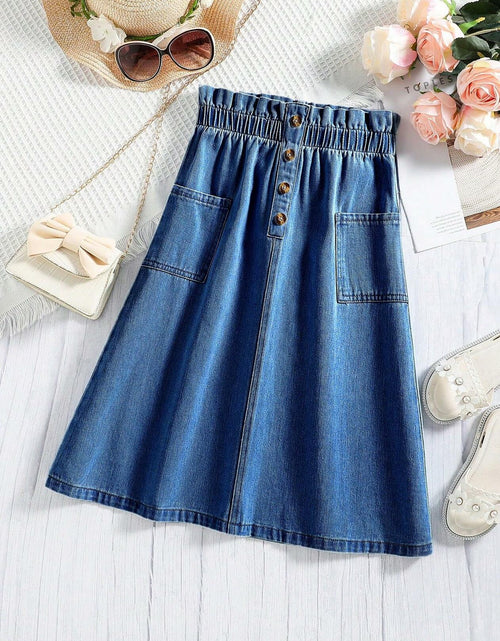 Load image into Gallery viewer, COZYEASE Girls Paperbag High Waist A Line Denim Skirt Dark Wash Size 11-12Y
