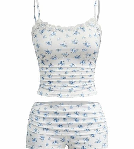 RoseSeek Women's Floral Print Ruched Lace Cami Crop Top & Shorts Set White Size