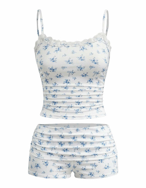 Load image into Gallery viewer, RoseSeek Women's Floral Print Ruched Lace Cami Crop Top &amp; Shorts Set White Size
