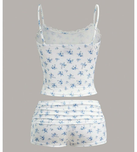 RoseSeek Women's Floral Print Ruched Lace Cami Crop Top & Shorts Set White Size
