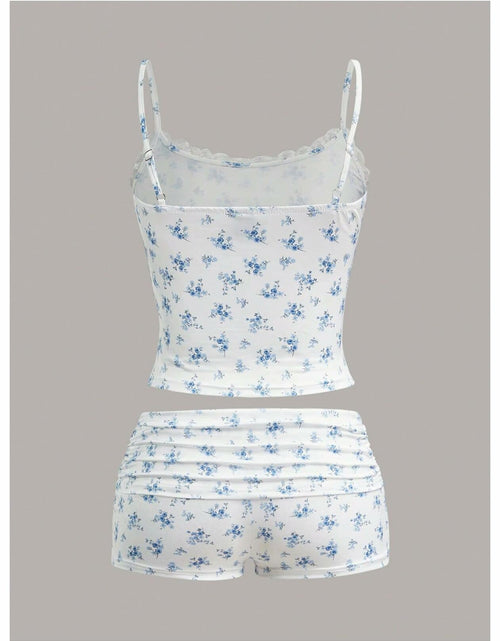 Load image into Gallery viewer, RoseSeek Women's Floral Print Ruched Lace Cami Crop Top &amp; Shorts Set White Size
