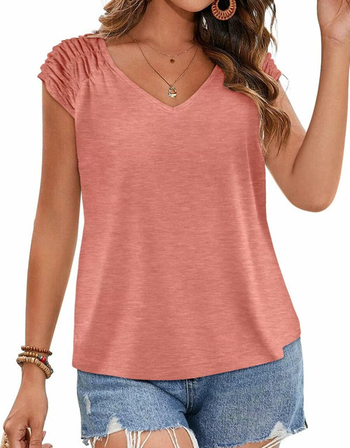 Load image into Gallery viewer, Bliwov Womens Cute Summer V Neck Short Sleeve Casual T Shirt Pink
