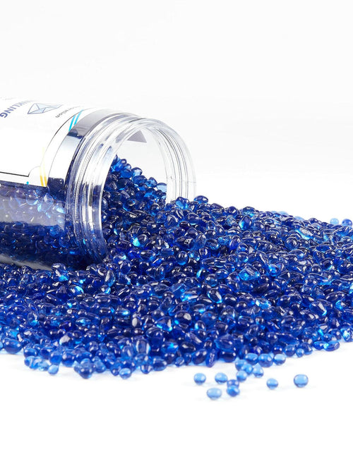 Load image into Gallery viewer, TWINKLING Fire Glass Stones 3-6mm 1lb Jar Cobalt Blue High Luster
