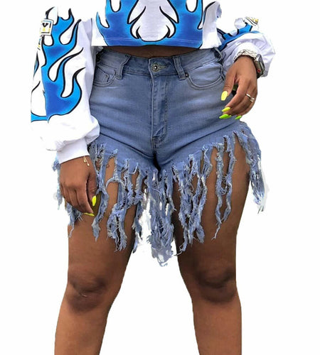 Weigou Women Denim Shorts High Waisted Tassels Frayed Raw Hem Light Blue Size S