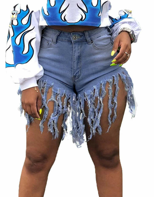 Load image into Gallery viewer, Weigou Women Denim Shorts High Waisted Tassels Frayed Raw Hem Light Blue Size S
