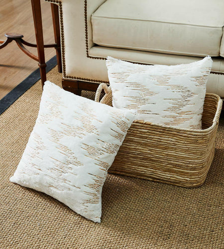 Throw Pillow Covers 18x18in Set of 2 White Fur Gold Embroidered Sequins