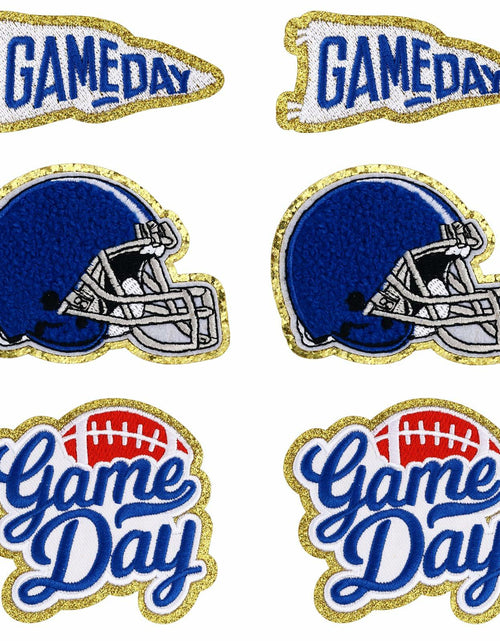 Load image into Gallery viewer, Tmtains Football Helmet Iron-On Patches Blue 6Pc Embroidered Game Day
