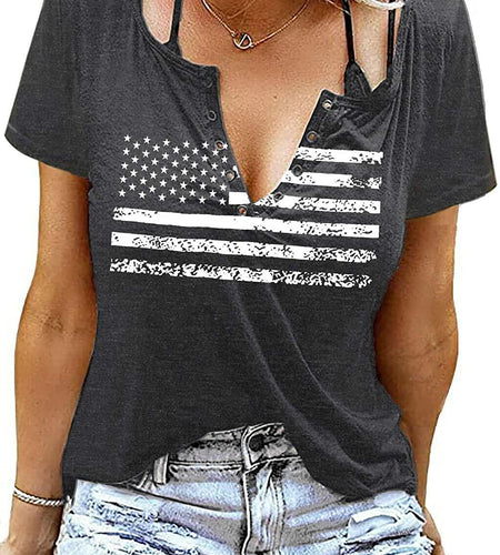 Womens Patriotic V Neck T Shirt American Flag Graphic Dark Gray Size M