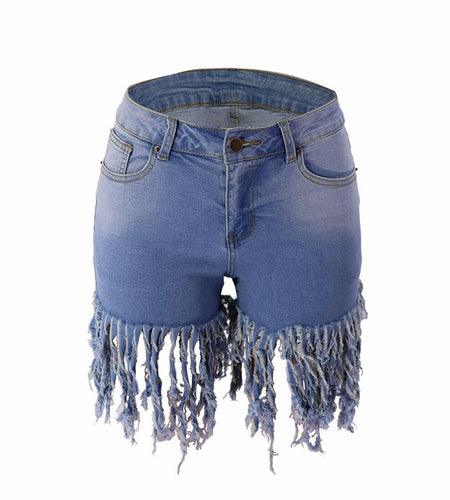Weigou Women Denim Shorts High Waisted Tassels Frayed Raw Hem Light Blue Size S