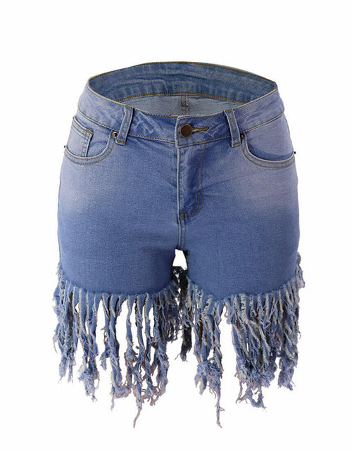Load image into Gallery viewer, Weigou Women Denim Shorts High Waisted Tassels Frayed Raw Hem Light Blue Size S
