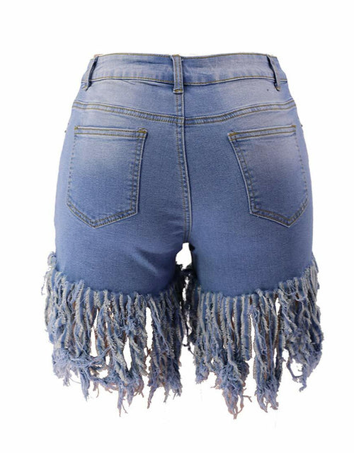Load image into Gallery viewer, Weigou Women Denim Shorts High Waisted Tassels Frayed Raw Hem Light Blue Size S
