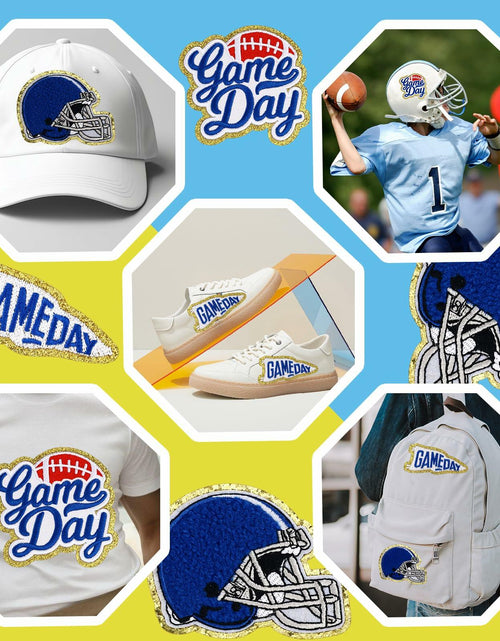 Load image into Gallery viewer, Tmtains Football Helmet Iron-On Patches Blue 6Pc Embroidered Game Day
