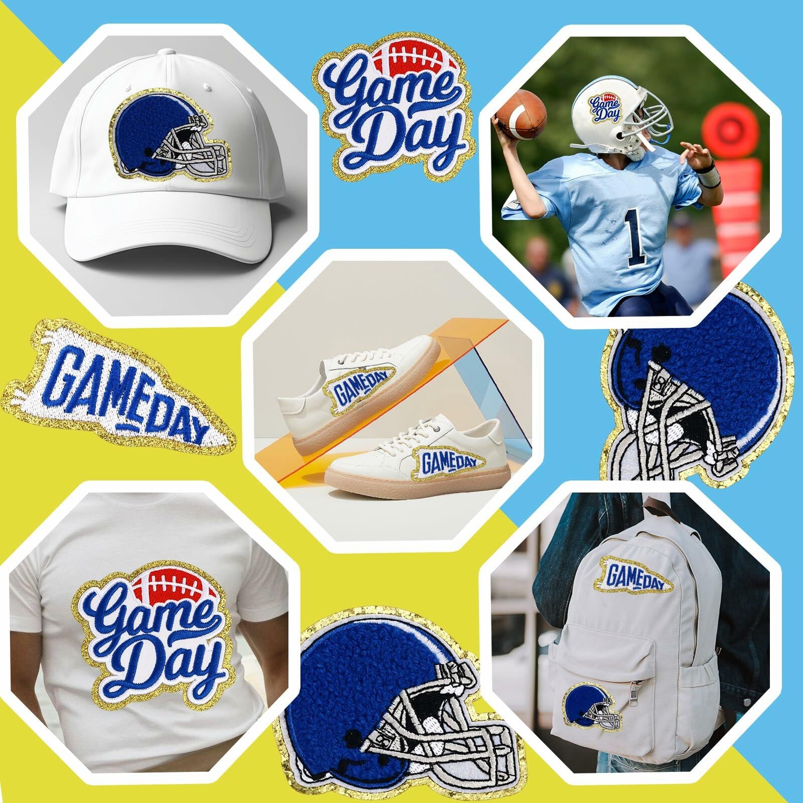 Tmtains Football Helmet Iron-On Patches Blue 6Pc Embroidered Game Day