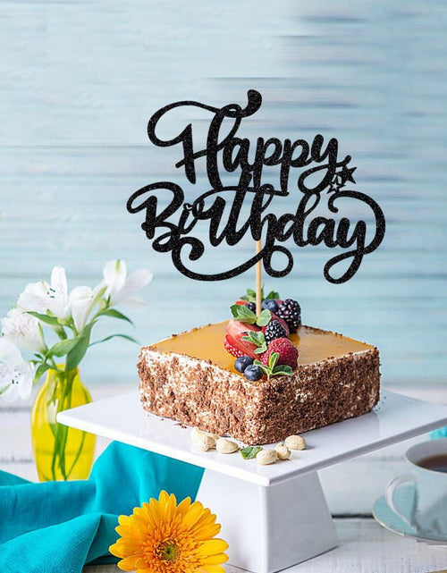 Load image into Gallery viewer, Crseniny Happy Birthday Cake Topper Black Glitter Party Decoration
