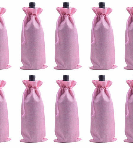 Viamto 10pcs Pink Burlap Wine Bags Drawstring Lining 15x35cm Gift Pouches