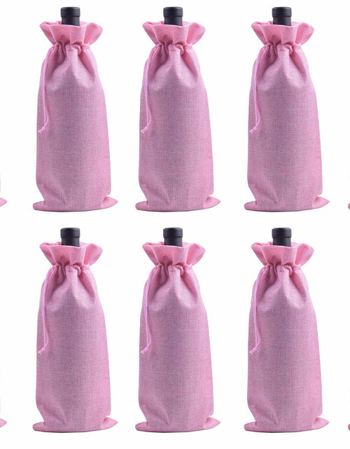 Load image into Gallery viewer, Viamto 10pcs Pink Burlap Wine Bags Drawstring Lining 15x35cm Gift Pouches
