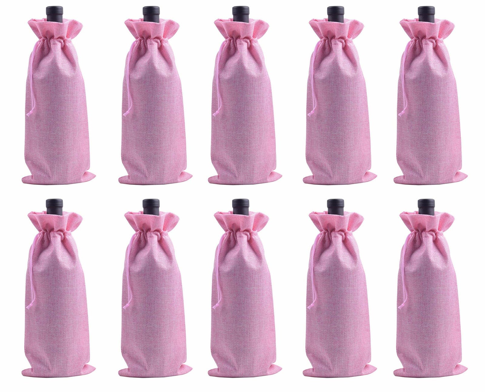 Viamto 10pcs Pink Burlap Wine Bags Drawstring Lining 15x35cm Gift Pouches