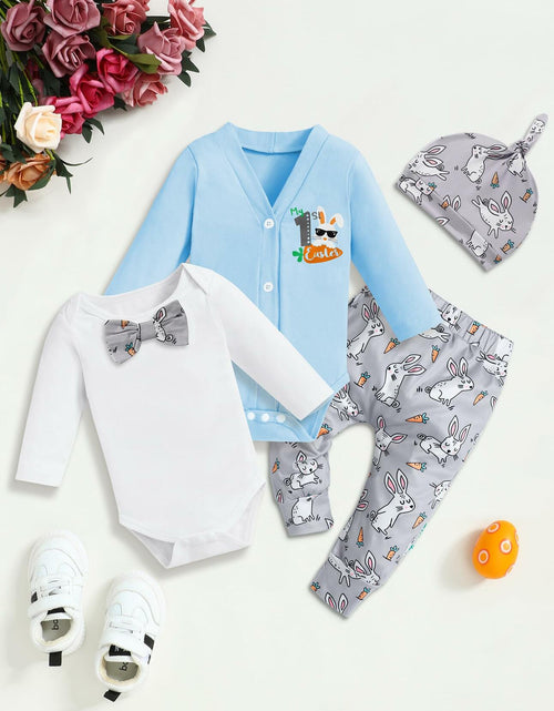 Load image into Gallery viewer, FoWear Baby Boy Easter Outfit Romper Rabbit Print Pants 4PCS Size 0-3M
