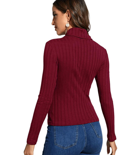 Women's Long Sleeve Turtleneck Cut Out Front Ribbed Knit Tee Shirt Burgundy S