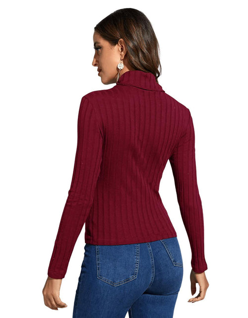 Load image into Gallery viewer, Women's Long Sleeve Turtleneck Cut Out Front Ribbed Knit Tee Shirt Burgundy S
