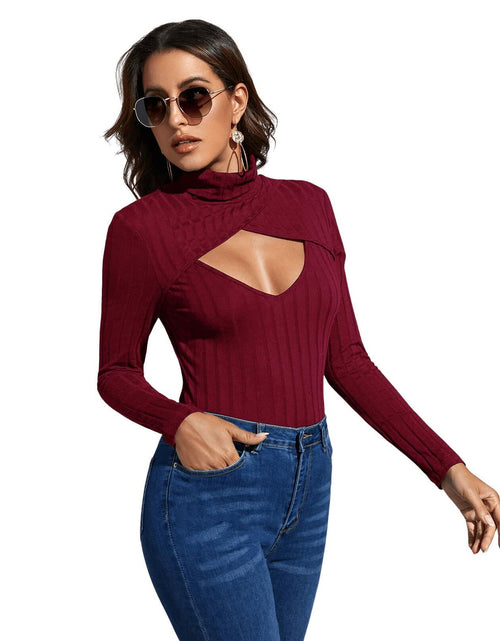 Load image into Gallery viewer, Women's Long Sleeve Turtleneck Cut Out Front Ribbed Knit Tee Shirt Burgundy S
