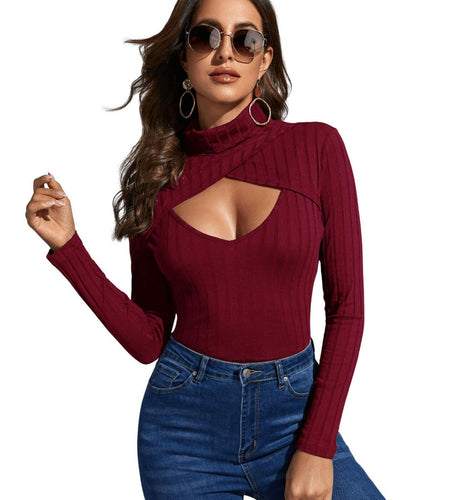 Women's Long Sleeve Turtleneck Cut Out Front Ribbed Knit Tee Shirt Burgundy S