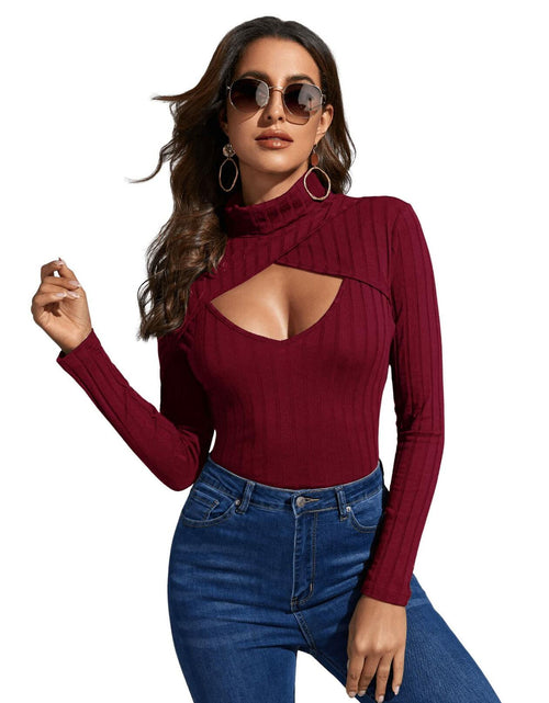Load image into Gallery viewer, Women's Long Sleeve Turtleneck Cut Out Front Ribbed Knit Tee Shirt Burgundy S
