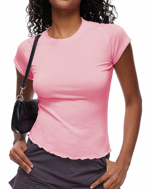 Load image into Gallery viewer, Womens Tops Short Sleeve T Shirts Round Neck Summer Fashion Clothes Y2K Pink L
