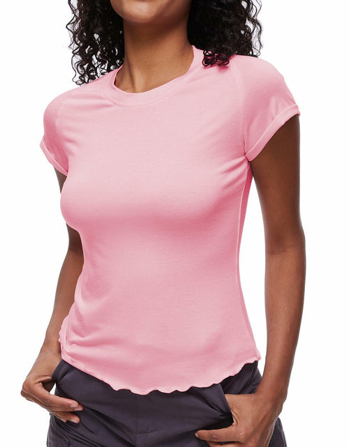 Load image into Gallery viewer, Womens Tops Short Sleeve T Shirts Round Neck Summer Fashion Clothes Y2K Pink L
