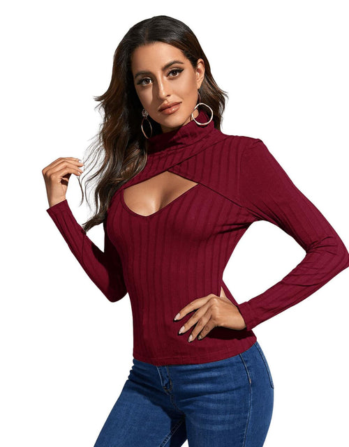 Load image into Gallery viewer, Women's Long Sleeve Turtleneck Cut Out Front Ribbed Knit Tee Shirt Burgundy S
